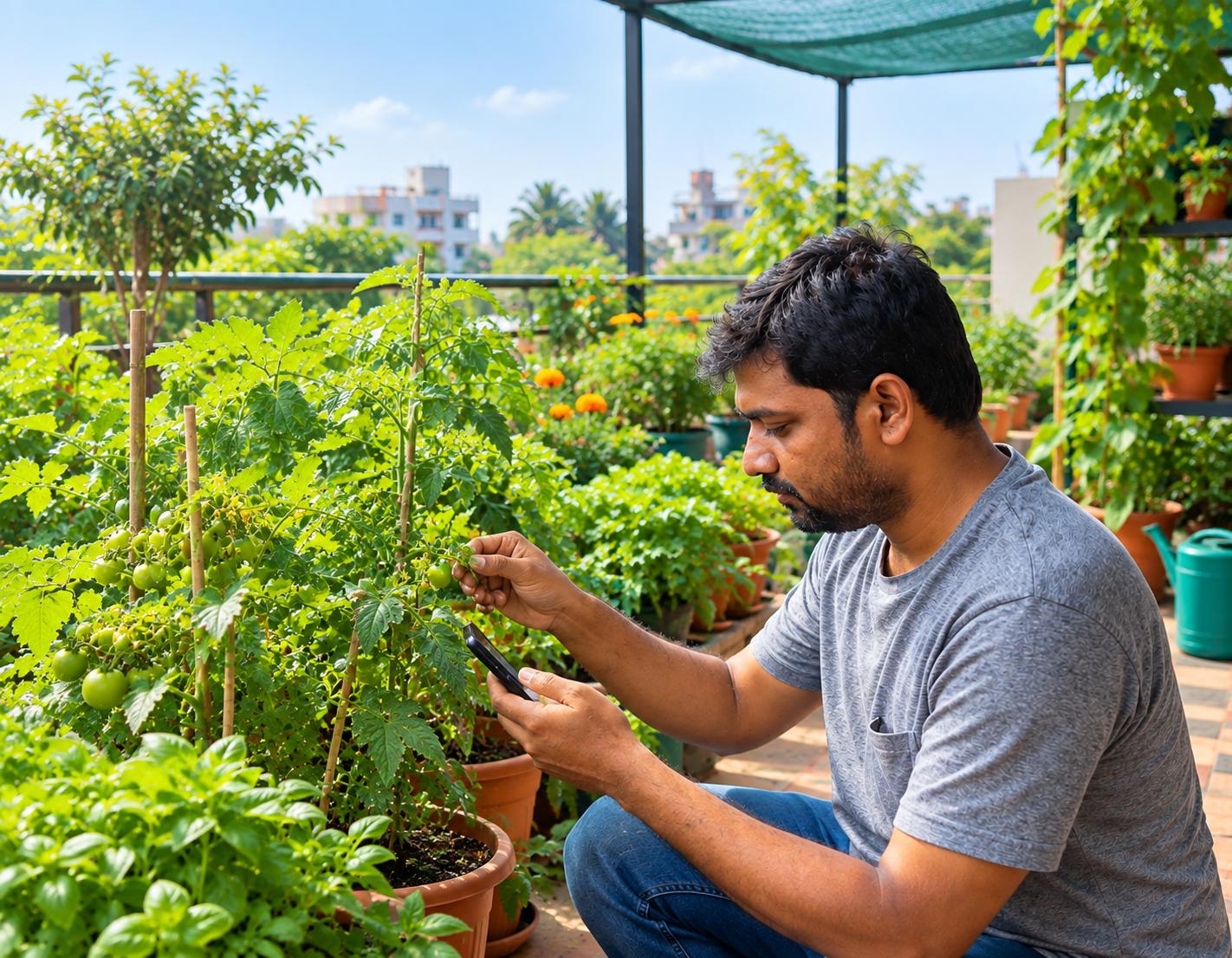 Terrace gardener tending plants, part of Sree Kalyan Nursery's gardening community